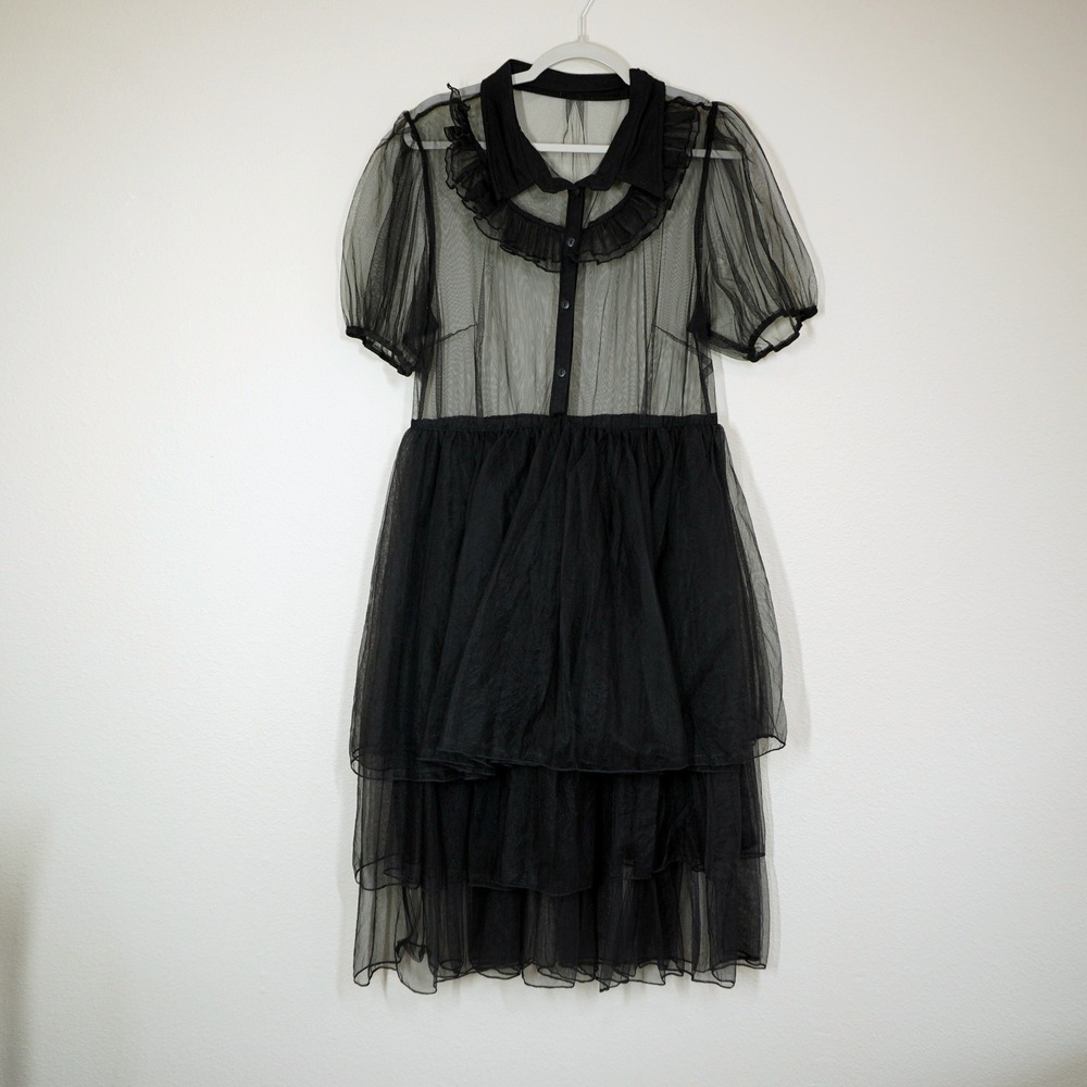 Disturbia Black Sheer Mesh Tiered Midi Dress Ruffle Collar Goth Gothic Whimsical
